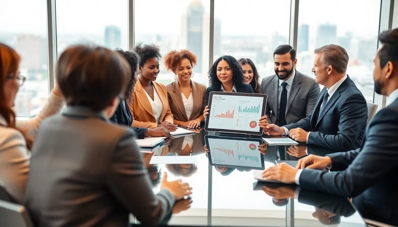 diverse professionals discussing political change in a modern office.