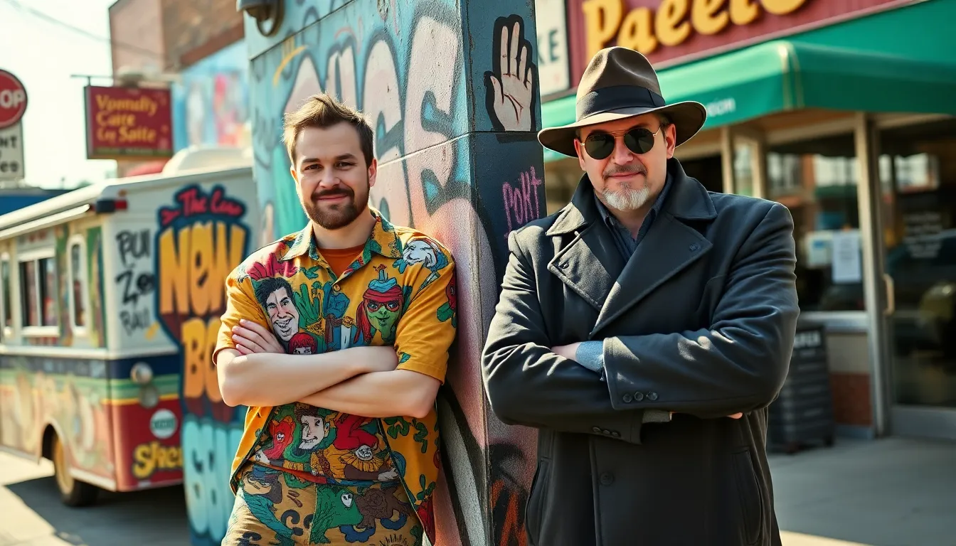 Jay and Silent Bob in a vibrant New Jersey urban setting.