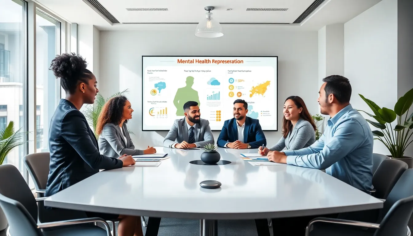diverse group discussing mental health in a modern office meeting.
