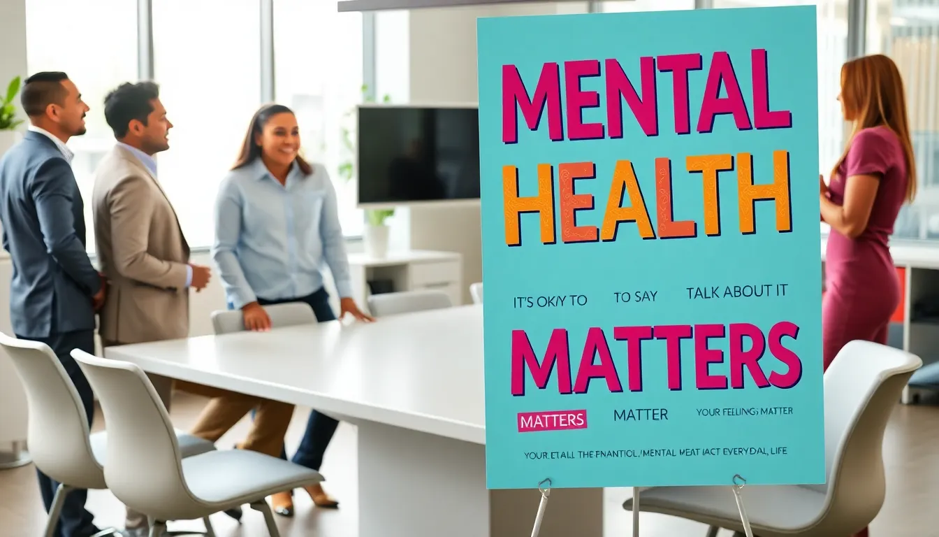 Diverse team discussing mental health in a modern office setting.