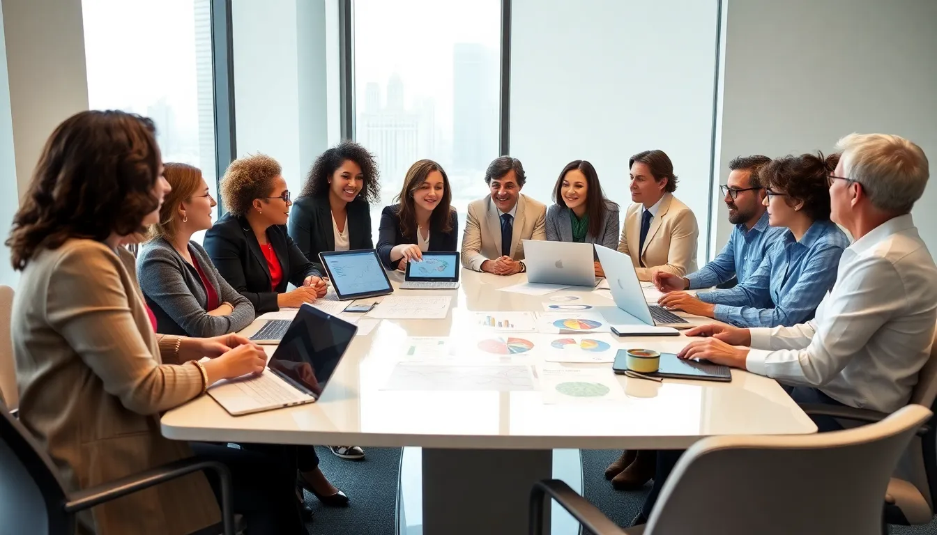 diverse political scientists collaborating in a modern office.
