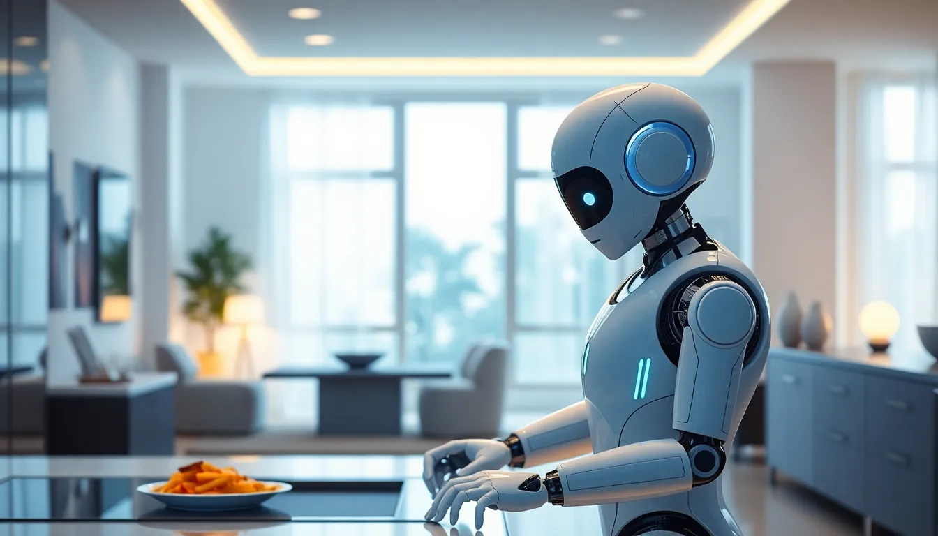 futuristic robot maid in a modern kitchen setting.