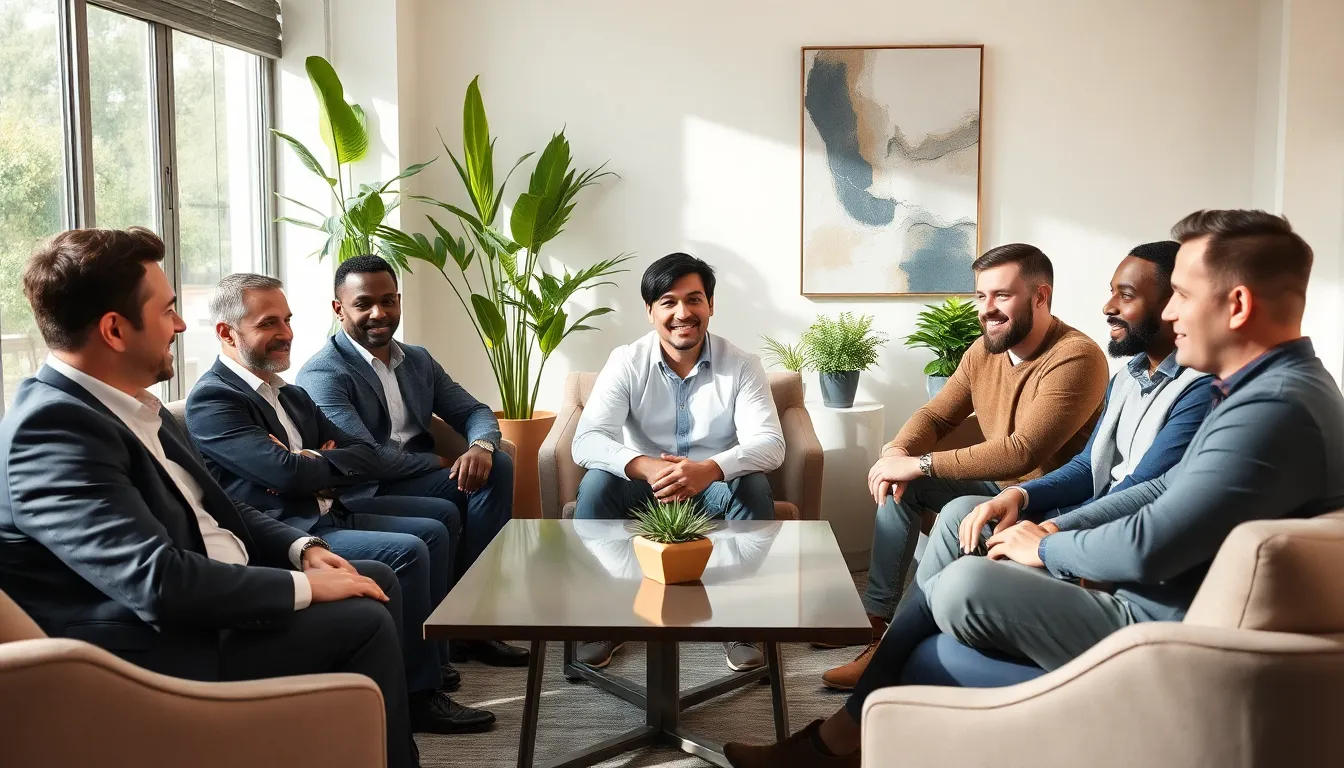 Diverse men discussing mental health in a modern, supportive setting.