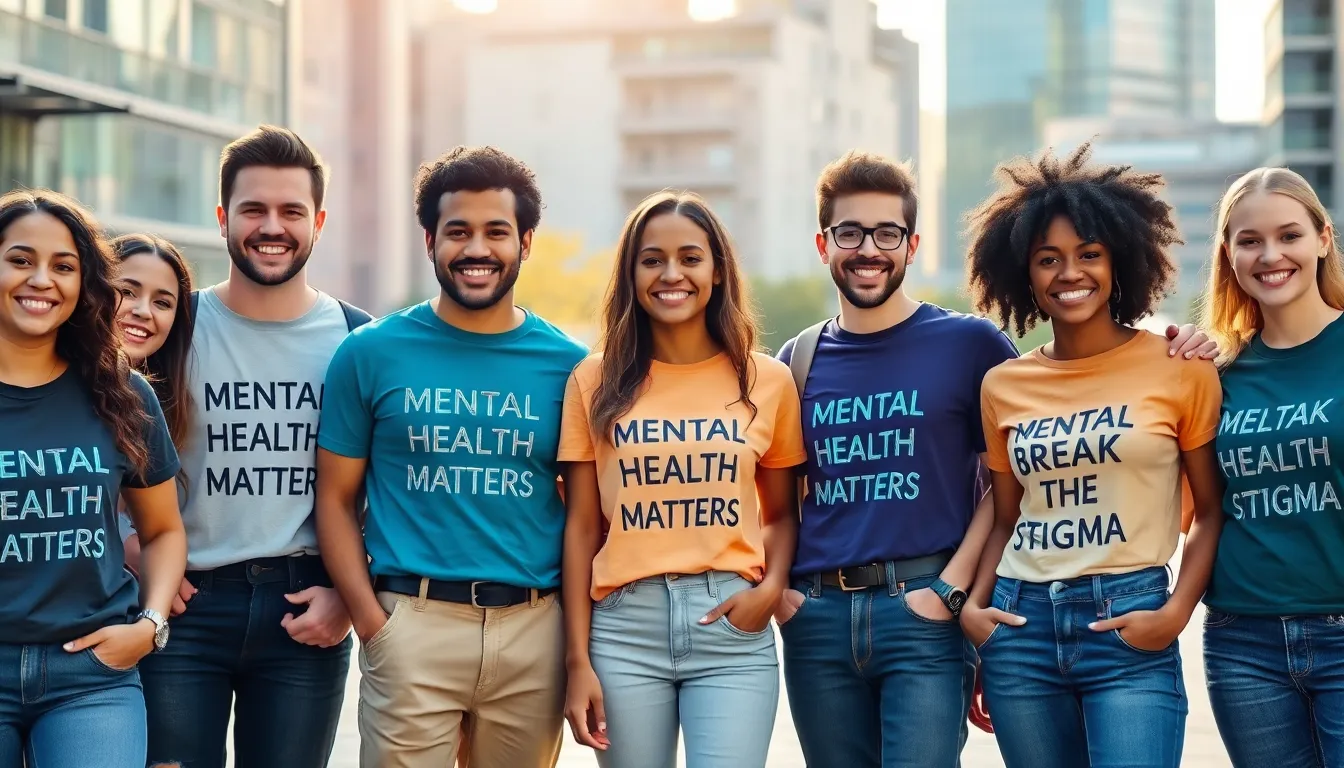 diverse group promoting mental health awareness through clothing.